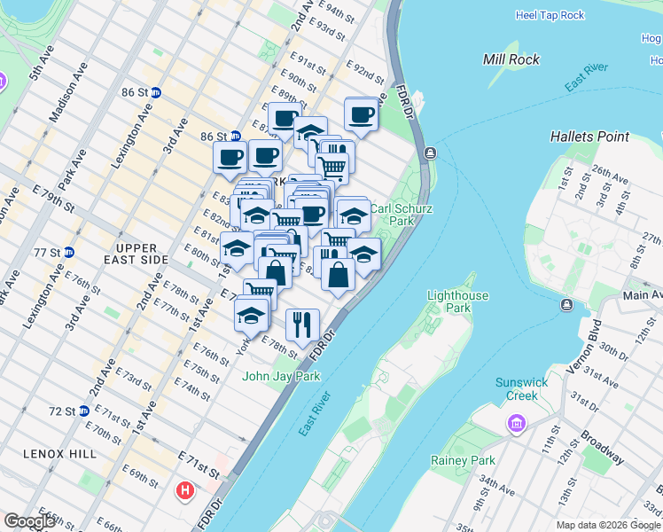 map of restaurants, bars, coffee shops, grocery stores, and more near 532 East 83rd Street in New York