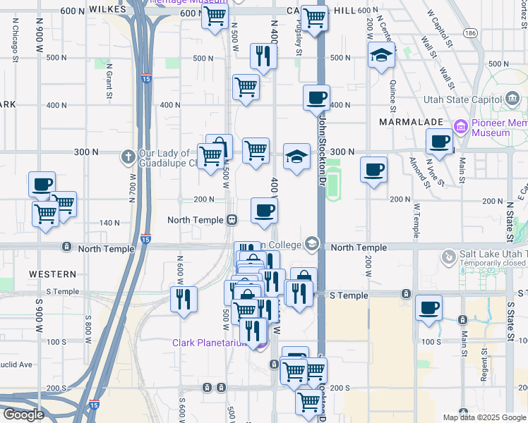 map of restaurants, bars, coffee shops, grocery stores, and more near 425 West 200 North in Salt Lake City