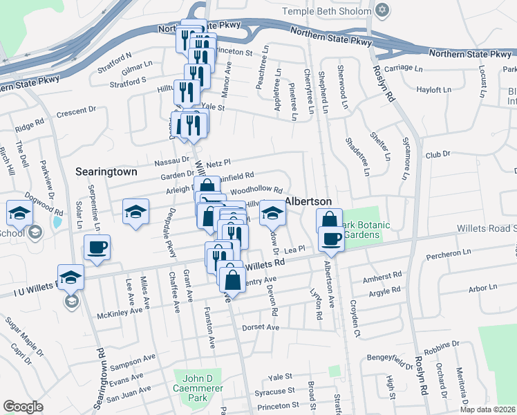 map of restaurants, bars, coffee shops, grocery stores, and more near 26 Hillvale Road in Albertson