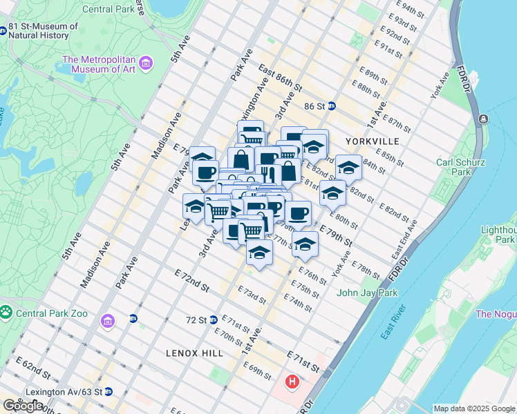 map of restaurants, bars, coffee shops, grocery stores, and more near 243 East 78th Street in New York