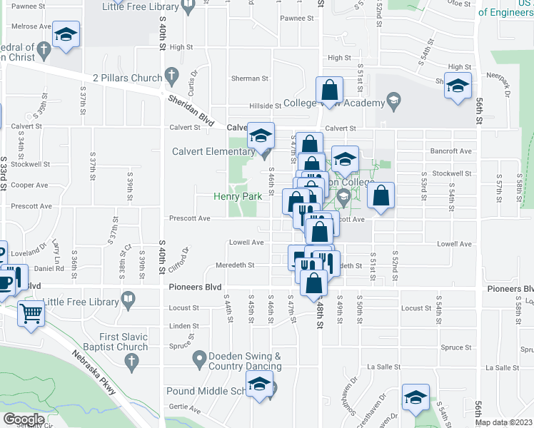 map of restaurants, bars, coffee shops, grocery stores, and more near 3943 South 46th Street in Lincoln