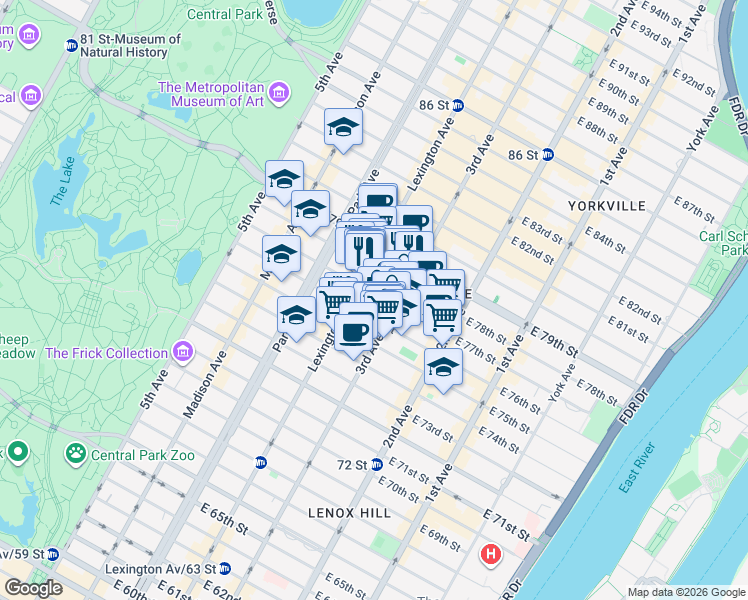 map of restaurants, bars, coffee shops, grocery stores, and more near 170 East 77th Street in New York