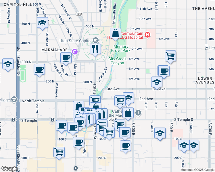 map of restaurants, bars, coffee shops, grocery stores, and more near 171 East 3rd Avenue in Salt Lake City