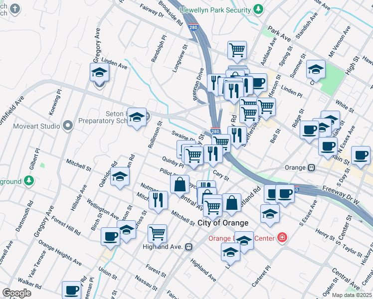 map of restaurants, bars, coffee shops, grocery stores, and more near 51 Riggs Place in West Orange