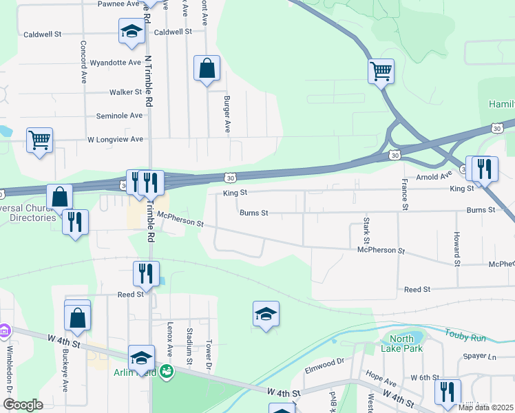 map of restaurants, bars, coffee shops, grocery stores, and more near 838 Burns Street in Mansfield