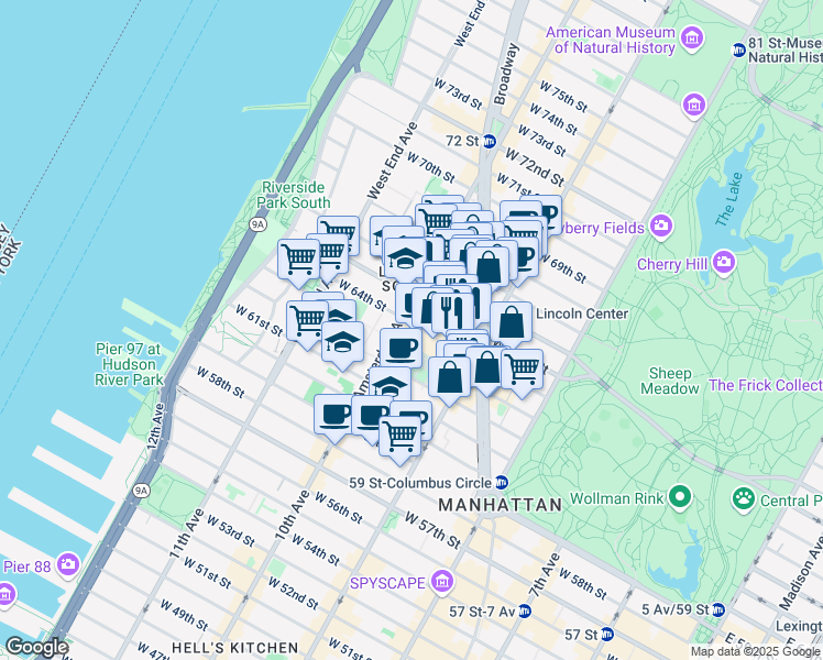 map of restaurants, bars, coffee shops, grocery stores, and more near 40 Lincoln Center Plaza in New York