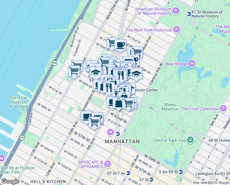 map of restaurants, bars, coffee shops, grocery stores, and more near West 65th Street in New York