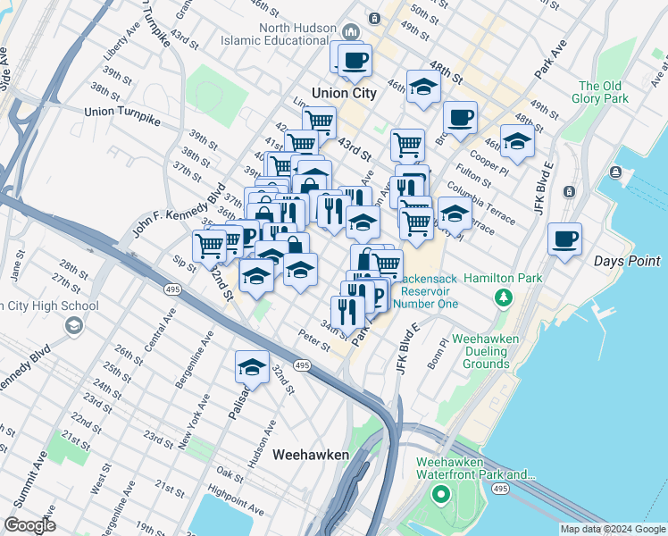 map of restaurants, bars, coffee shops, grocery stores, and more near 201 37th Street in Union City