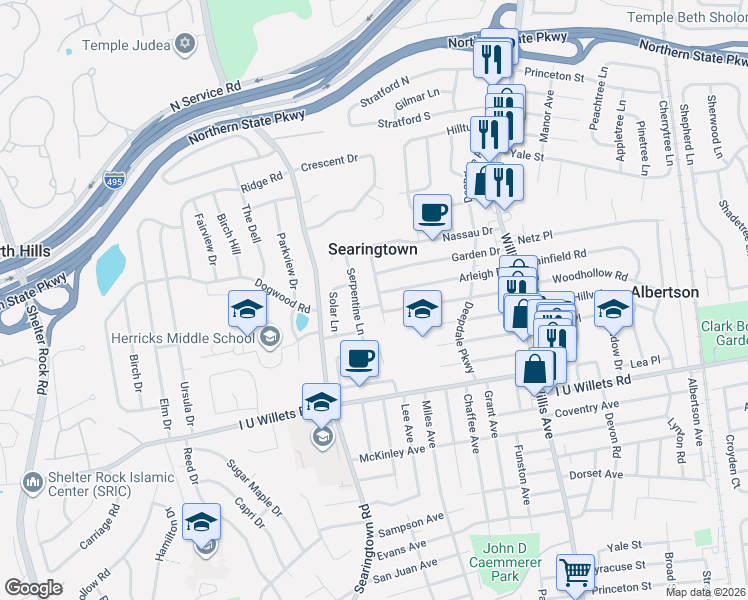 map of restaurants, bars, coffee shops, grocery stores, and more near 101 Greenway in Albertson