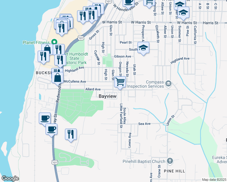 map of restaurants, bars, coffee shops, grocery stores, and more near in Bayview