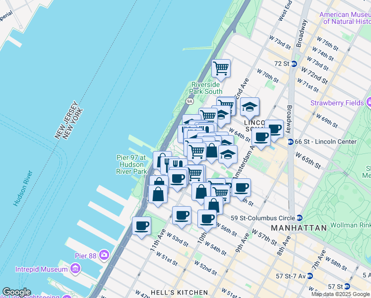 map of restaurants, bars, coffee shops, grocery stores, and more near 400 West 61st Street in New York