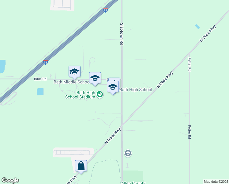 map of restaurants, bars, coffee shops, grocery stores, and more near 2850 Bible Road in Lima