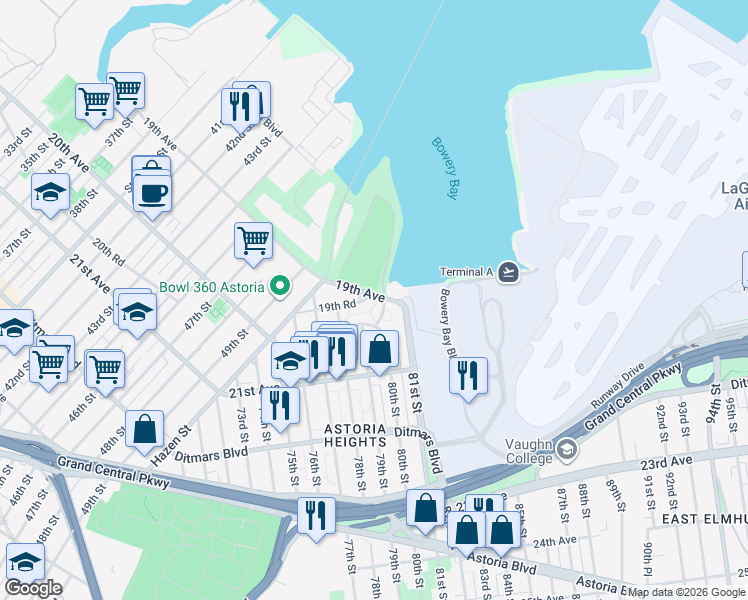 map of restaurants, bars, coffee shops, grocery stores, and more near 80-8 19th Avenue in Queens