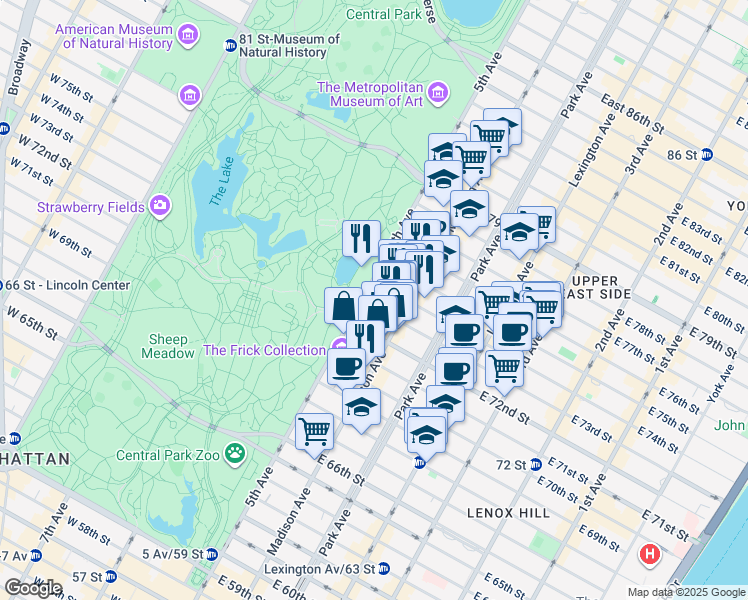 map of restaurants, bars, coffee shops, grocery stores, and more near 909 5th Avenue in New York