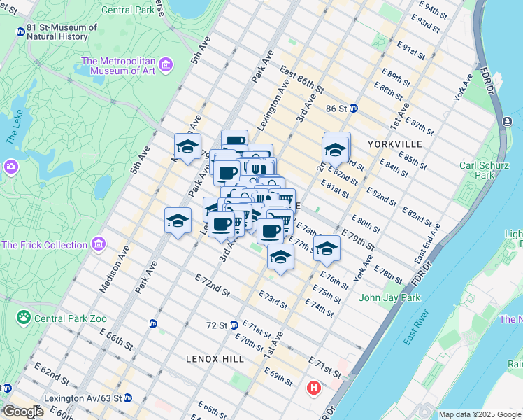map of restaurants, bars, coffee shops, grocery stores, and more near 208 East 78th Street in New York