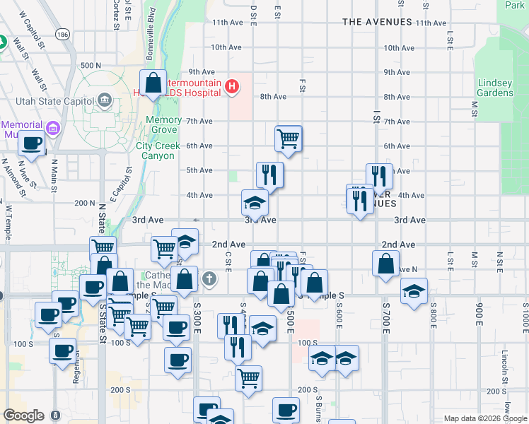 map of restaurants, bars, coffee shops, grocery stores, and more near 367 East 3rd Avenue in Salt Lake City
