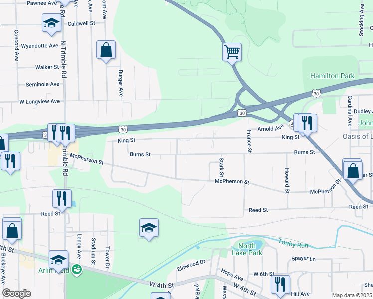 map of restaurants, bars, coffee shops, grocery stores, and more near 750 Burns Street in Mansfield