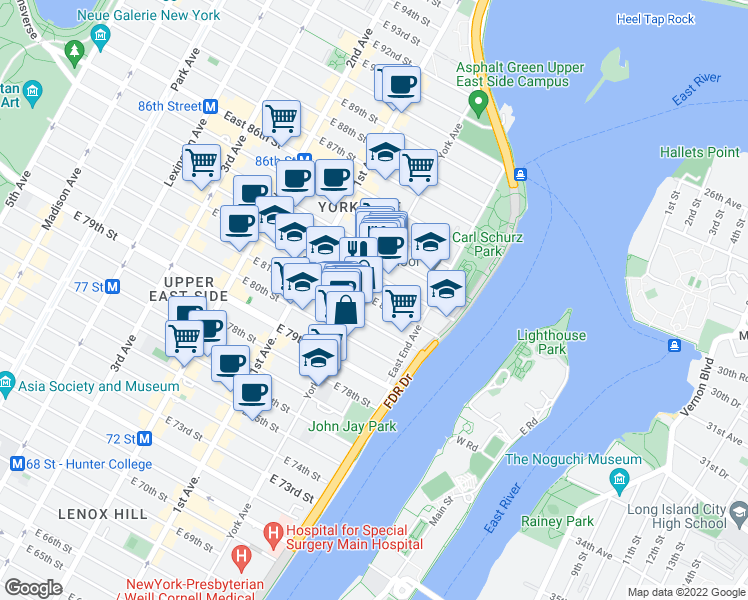map of restaurants, bars, coffee shops, grocery stores, and more near 506 East 82nd Street in New York