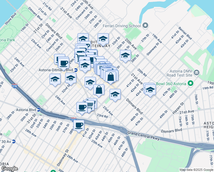 map of restaurants, bars, coffee shops, grocery stores, and more near 22-12 38th Street in Queens