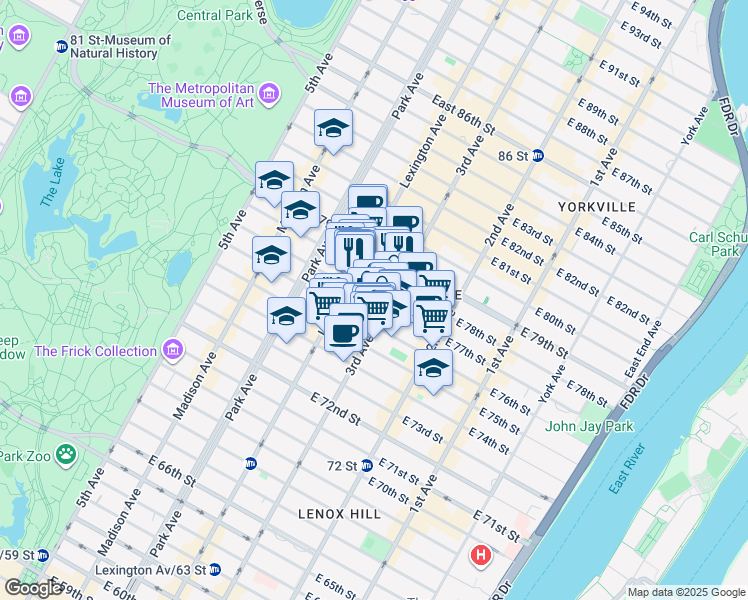 map of restaurants, bars, coffee shops, grocery stores, and more near 175 East 77th Street in New York