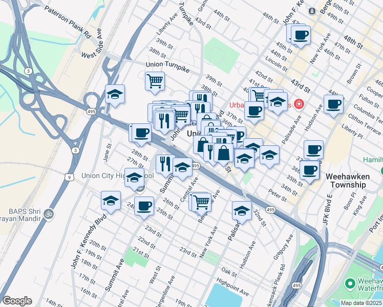 map of restaurants, bars, coffee shops, grocery stores, and more near 730 31st Street in Union City