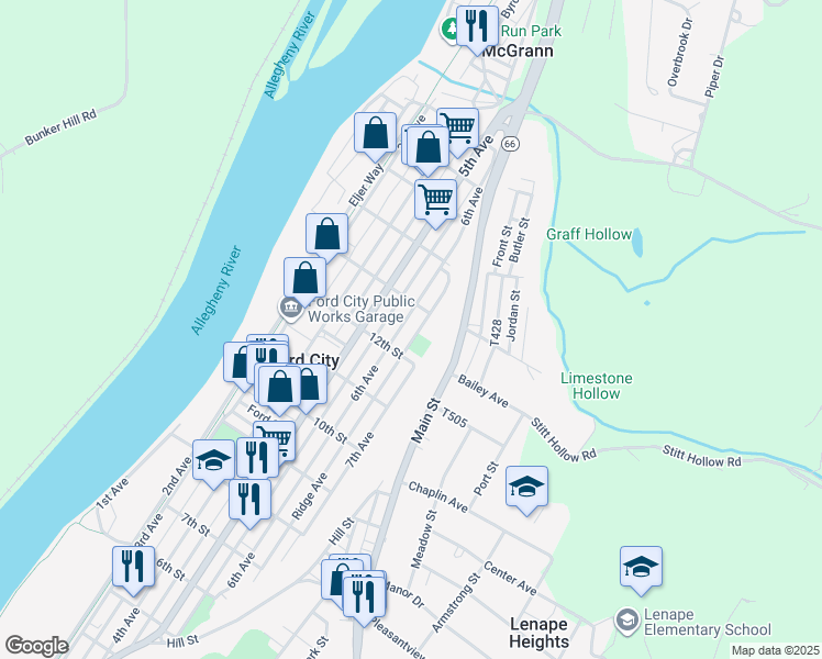 map of restaurants, bars, coffee shops, grocery stores, and more near 1218 6th Avenue in Ford City