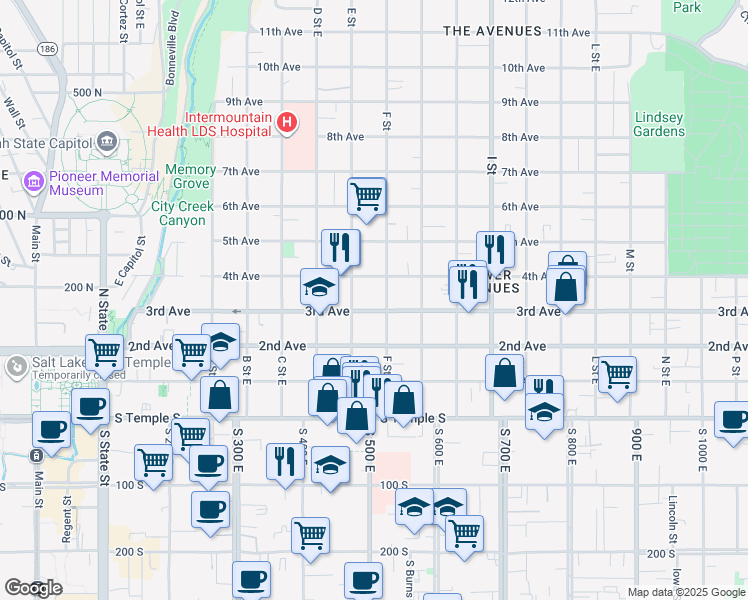 map of restaurants, bars, coffee shops, grocery stores, and more near 453 3rd Avenue in Salt Lake City