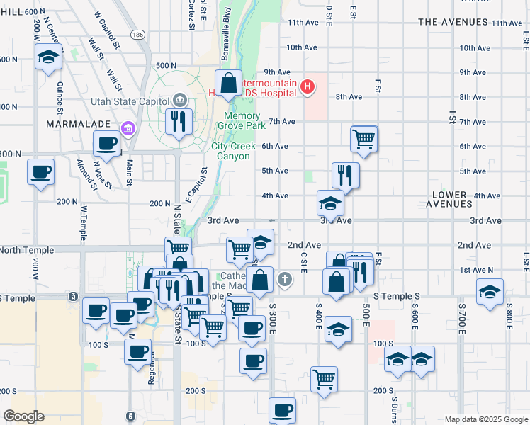 map of restaurants, bars, coffee shops, grocery stores, and more near 207 3rd Avenue in Salt Lake City