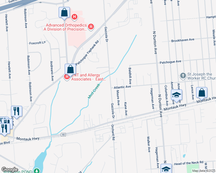 map of restaurants, bars, coffee shops, grocery stores, and more near 504 Gazzola Drive in Patchogue