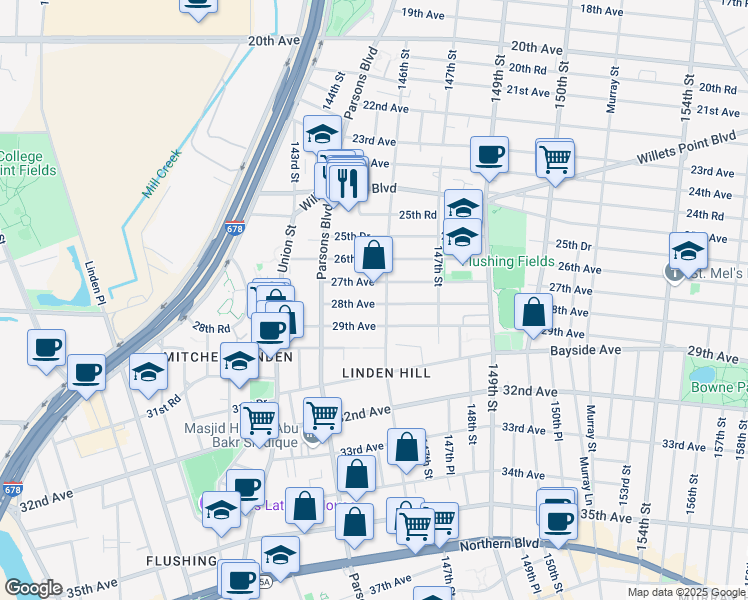 map of restaurants, bars, coffee shops, grocery stores, and more near 144-60 28th Avenue in Queens