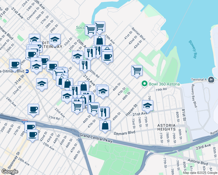 map of restaurants, bars, coffee shops, grocery stores, and more near 20-67 45th Street in Queens