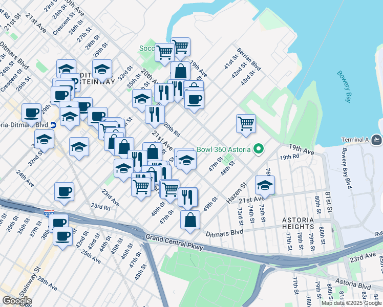 map of restaurants, bars, coffee shops, grocery stores, and more near 20-67 45th Street in Queens