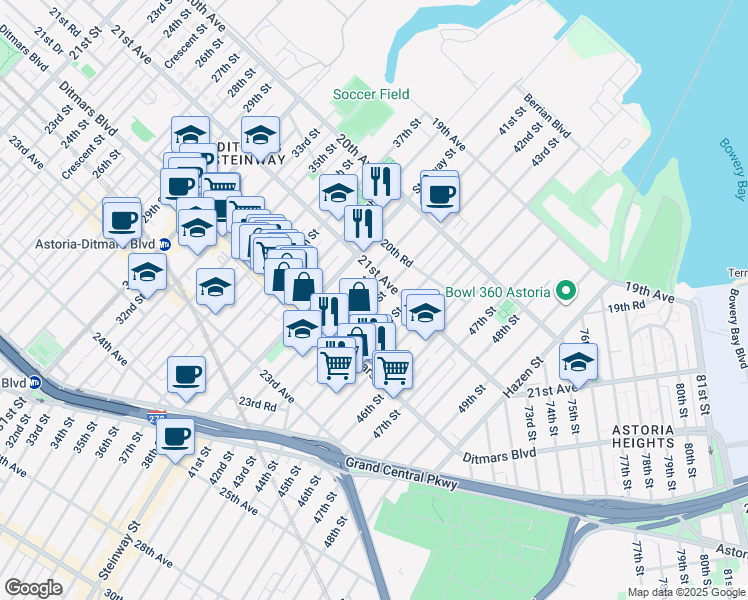 map of restaurants, bars, coffee shops, grocery stores, and more near 21-36 42nd Street in Queens
