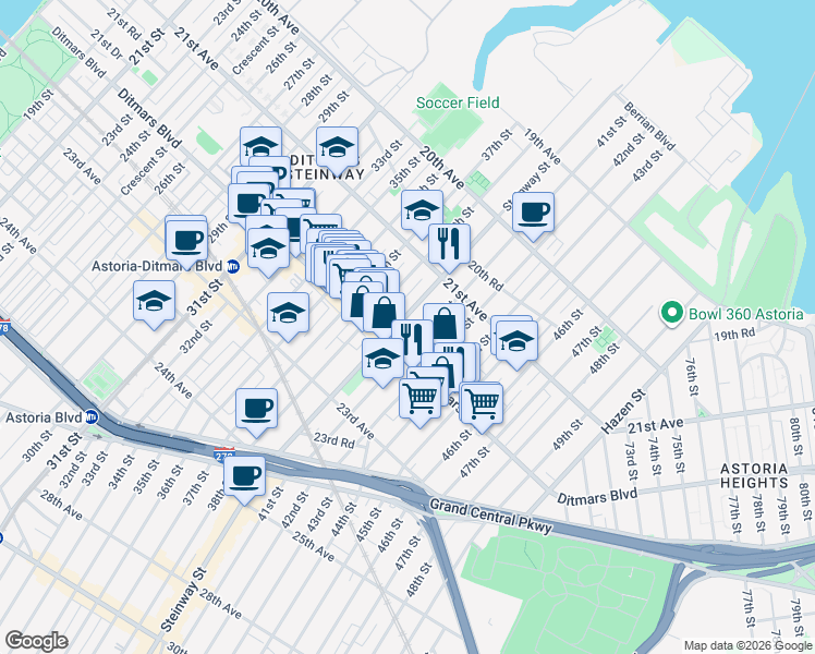 map of restaurants, bars, coffee shops, grocery stores, and more near 21-62 41st Street in Queens