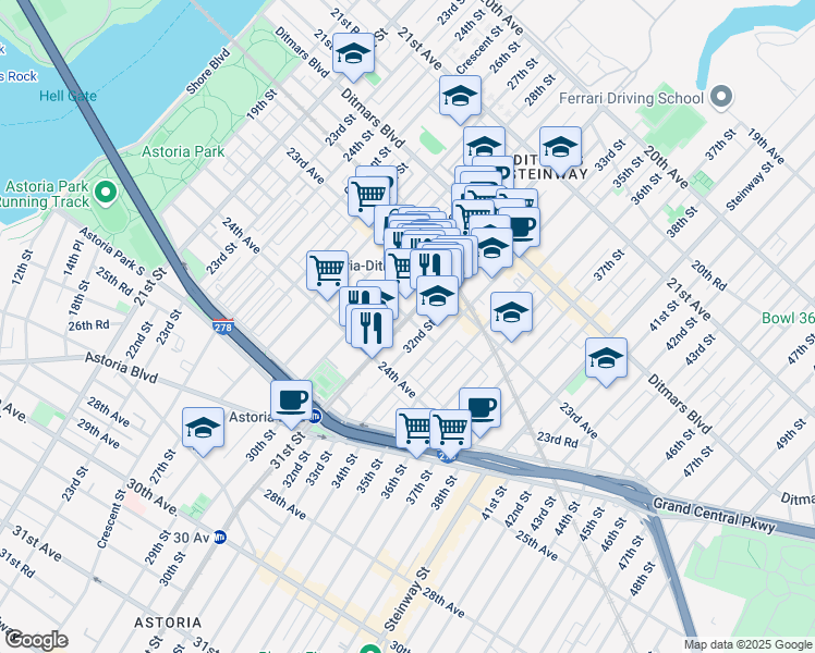 map of restaurants, bars, coffee shops, grocery stores, and more near 23-53 31st Street in Queens
