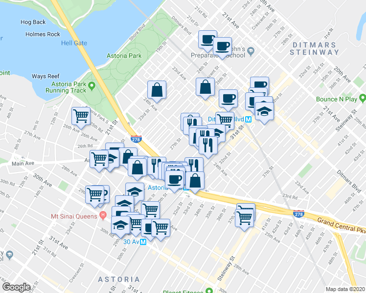 map of restaurants, bars, coffee shops, grocery stores, and more near 24-39 27th Street in Queens