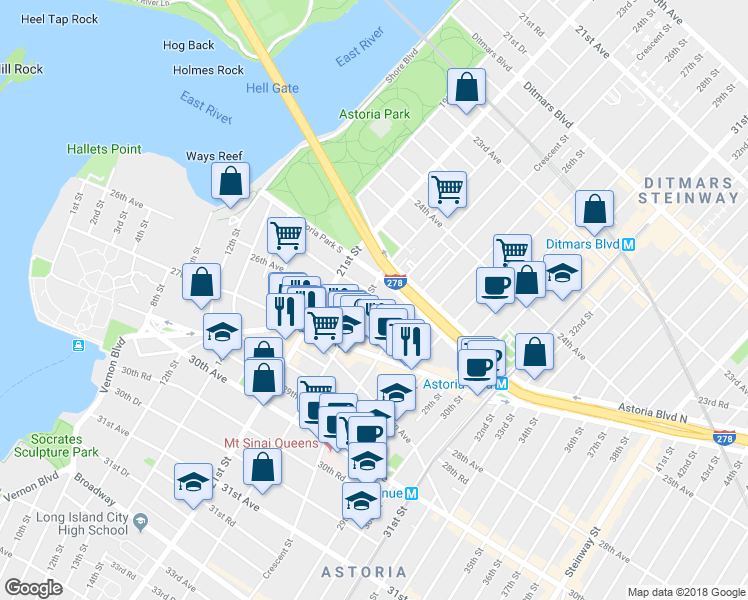 map of restaurants, bars, coffee shops, grocery stores, and more near 25-27 23rd Street in Queens