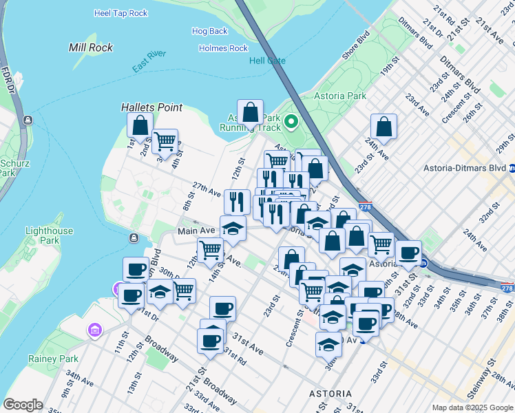 map of restaurants, bars, coffee shops, grocery stores, and more near 1437 27th Avenue in Queens