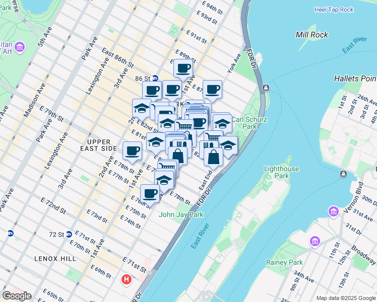 map of restaurants, bars, coffee shops, grocery stores, and more near 506 East 82nd Street in New York