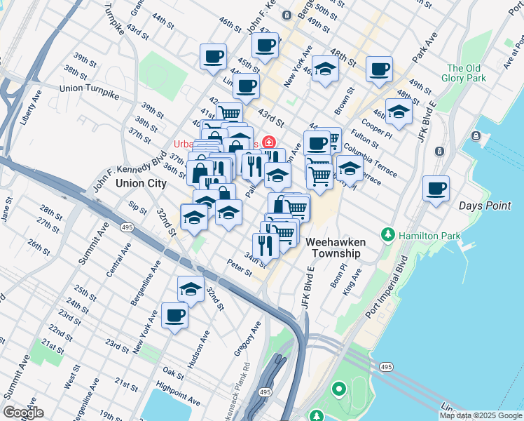 map of restaurants, bars, coffee shops, grocery stores, and more near 140 37th Street in Union City