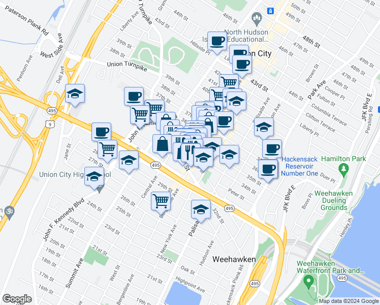 map of restaurants, bars, coffee shops, grocery stores, and more near 518 Hackensack Plank Road in Union City