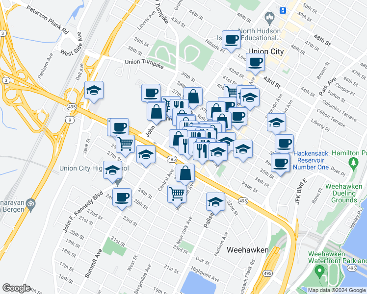 map of restaurants, bars, coffee shops, grocery stores, and more near 3115 Central Avenue in Union City