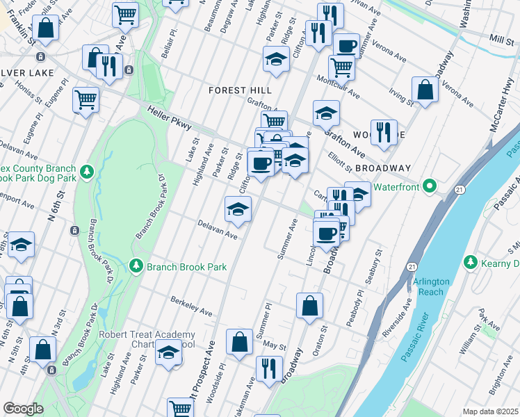 map of restaurants, bars, coffee shops, grocery stores, and more near 612 Mount Prospect Avenue in Newark