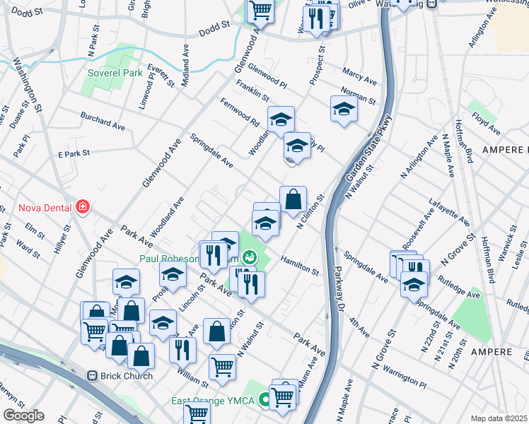 map of restaurants, bars, coffee shops, grocery stores, and more near 429 Springdale Avenue in East Orange