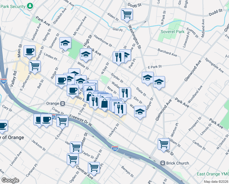map of restaurants, bars, coffee shops, grocery stores, and more near 218 New Street in City of Orange