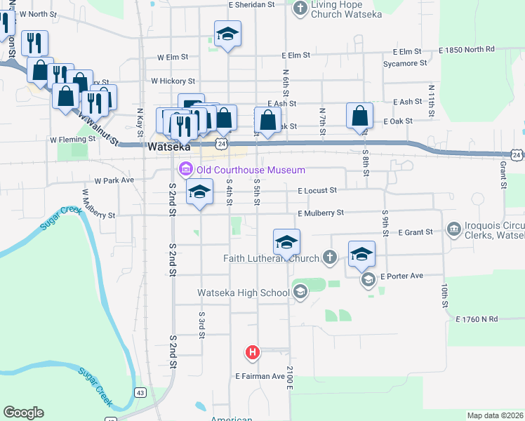 map of restaurants, bars, coffee shops, grocery stores, and more near 308 East Mulberry Street in Watseka