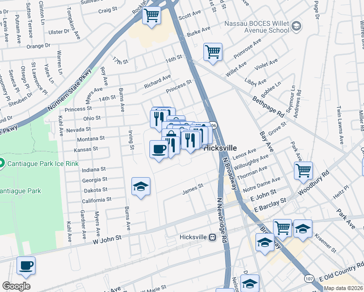 map of restaurants, bars, coffee shops, grocery stores, and more near 482 North Broadway in Hicksville