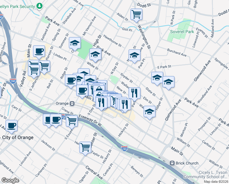 map of restaurants, bars, coffee shops, grocery stores, and more near 48 North Center Street in City of Orange