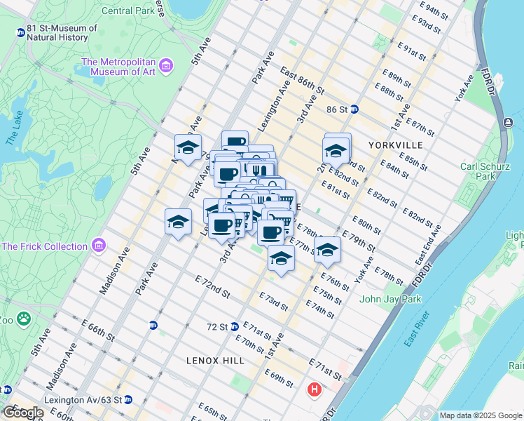 map of restaurants, bars, coffee shops, grocery stores, and more near 208 East 78th Street in New York