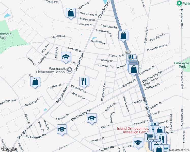 map of restaurants, bars, coffee shops, grocery stores, and more near 33 Arcadia Drive in Dix Hills